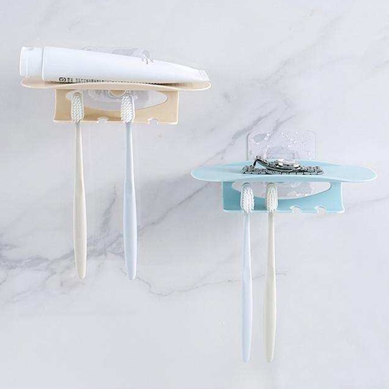 ที่เเขวนเเปรงสีฟัน ที่ใส่เเปรงสีฟัน เเขวนเเปรงสีฟัน พร้อมที่วางของ ติดผนัง 4 ช่อง สีขาว-ครีม