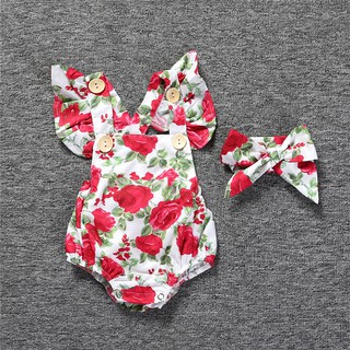 💟💟(พร้อมส่ง‼️)💟💟Romper Jumpsuit ขาวลายดอกแดงเด็กสาวสามเหลี่ยมชุด+โบว์ แรกเกิด-2ปี