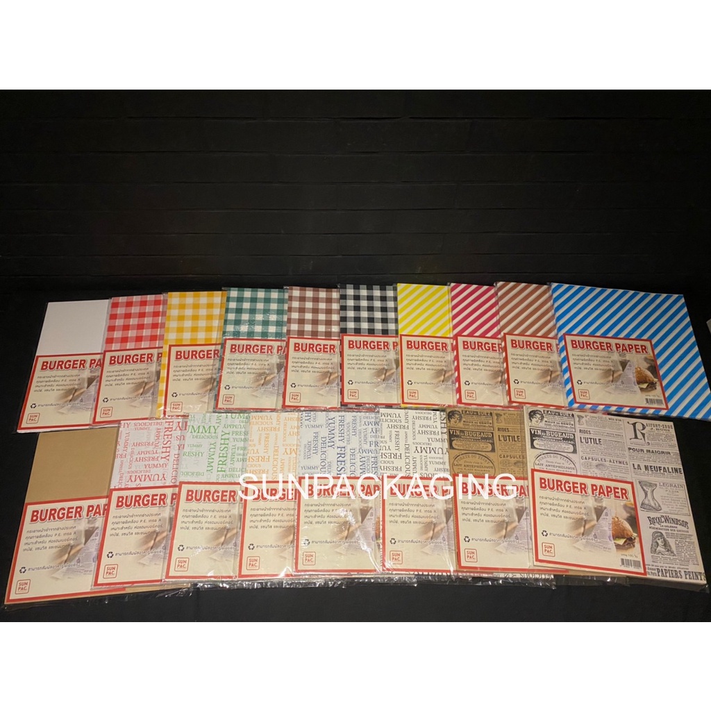 ถูกที่สุด!!!++กระดาษเบอร์เกอร์ยกลัง  20 แพค(2000)  ขนาด  12x12 นิ้ว  คละลายได้  Inboxแจ้งลายที่ต้องการ
