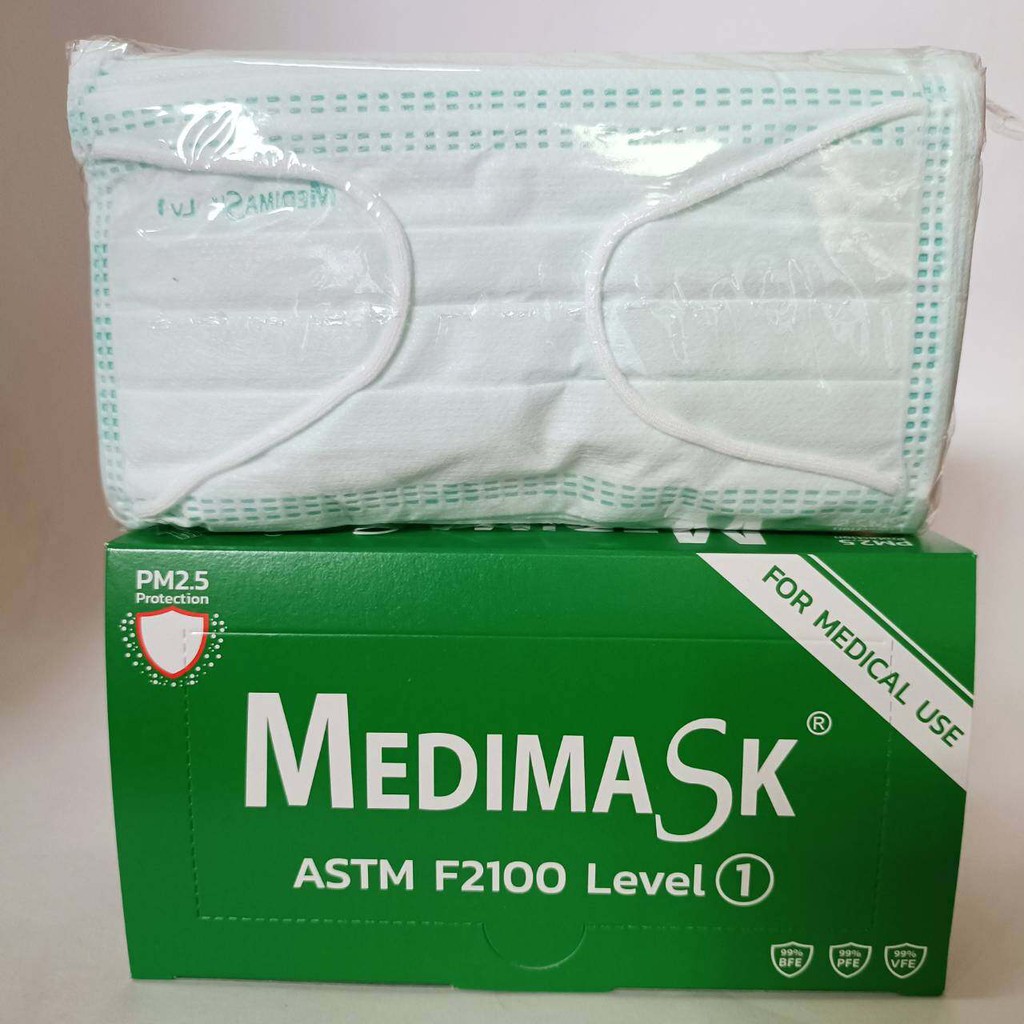 หน้ากากอนามัย Medimask เกรดการแพทย์ รุ่น ASTM F2100 Level 1 VFE 99% 3ชั้น 20กล่อง 1,000แผ่น Medimask  For medical use 20