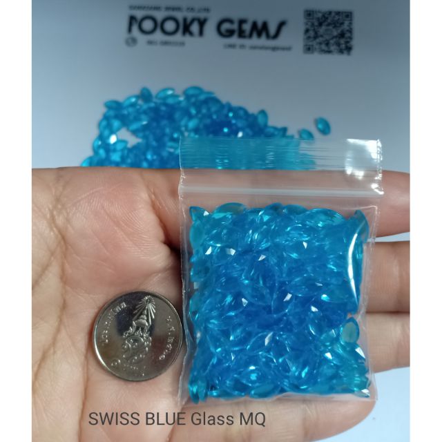 แพ็ค 80 เม็ด, SWISS BLUE GLASS พลอยสวิสบลู เนื้อแก้ว รูปมาคีขนาด 4*8 มิล