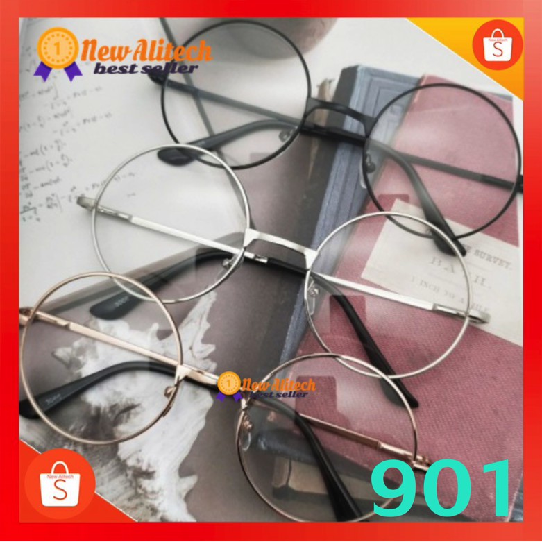 New Alitech 901 กรอบแว่นตาแฟชั่นเกาหลีสำหรับผู้ชายผู้หญิงตกแต่งแว่นตากลมแบนย้อนยุคโลหะ