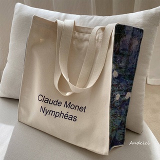 กระเป๋าผ้าใบ。 Andcici@British Museum Monet นอนหลับ Lotus Oil Painting Bag Bag Female Bag Big Shopping Bag กระเป๋านักเร