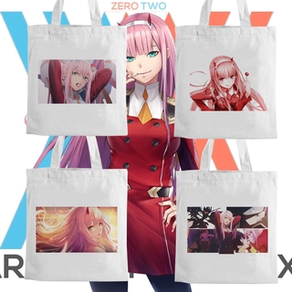 Darling In The Franxx Anime Zero Two Kawaii กระเป๋าผ้าใบสะพายไหล่สีขาว Tote