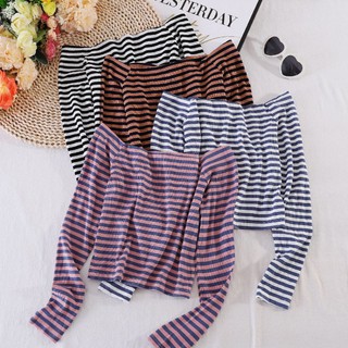 พร้อมส่ง​  strapless long-sleeved striped sexy scheming thin t-s