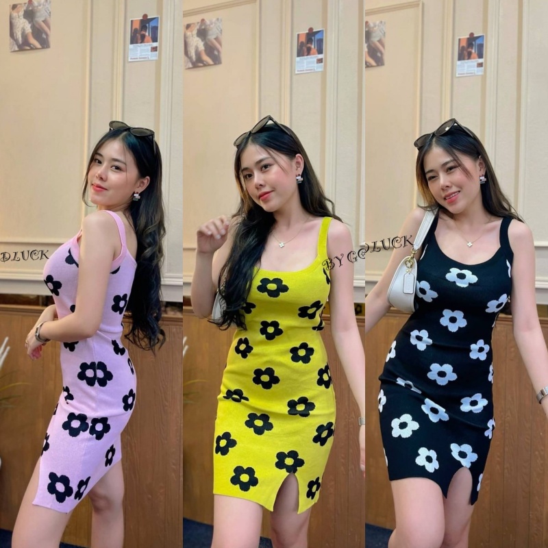 🌈 SpinnyHouse 🌈 มินิเดรสไหมพรม สายคล้องคอ🧡💚💜ผ้าร่องแต่งแหวกขา ทรงคล้องคอเว้าหลัง งานเดรสแอบแซ่บ รุ่น