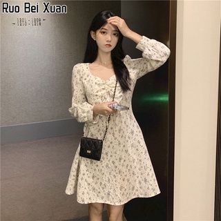 Ruo Bei Xuan เดรสแขนยาวสำหรับผู้หญิง,กระโปรงสั้นลายดอกไม้ฝรั่งเศสขนาดเล็กคอวีทรงนางฟ้าแบบบาง