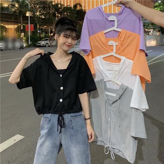 ⚛️TNB COCO1⚛️ เสื้อฮู้ดแขนสั้นทรงหลวม oversize เสื้อครอปเอวลอย เสื้อผ้าวัยรุ่น เสื้อแฟชั่นเกาหลี เนื้อผ้าคุณภาพดี(199)