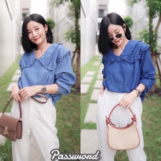 PW308💐 เสื้อยีนส์คอปกดีเทลปกระบายน่ารัก สีฟอกสวย