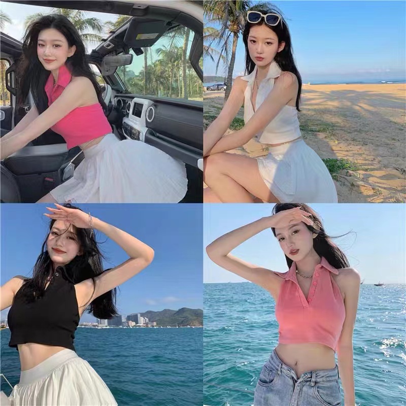 midsummer ใหม่ เสื้อครอปแฟชั่น เสื้อแขนกุดคอปกคล้องคอ แนวเซ็กซี่ เสื้อโชว์หลัง เนื้อผ้าร่อง ผ้าดีไม่บาง ใส่สบาย #594