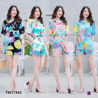 Set 2 ชิ้น  เสื้อฮาวายลาย  เสื้อฮาวายปกเชิ้ตแขนสั้นติดกระดุมด้านหน้าลาย summer + กางเกงขาสั้นเอวยางยืดด้านหลัง