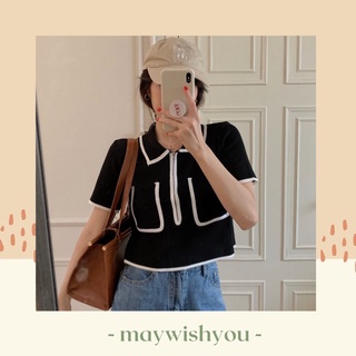 เสื้อแขนสั้นสีดำตกแต่งด้วยขอบขาวแนวเกาหลี 💓