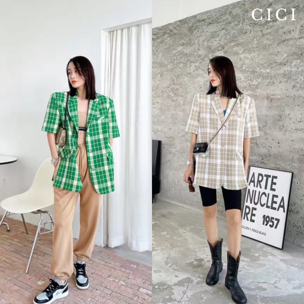 ส่งทันที Cici(NO. 2156)เสื้อเบลเซอร์blazerลายสก๊อตเสริมฟองน้ำไหล่ สไตล์โคเรียคูลๆ
