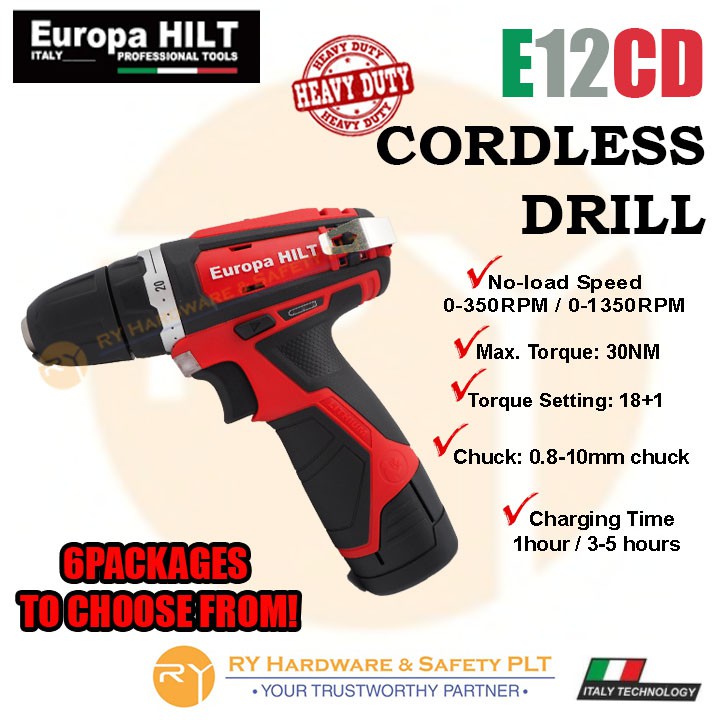 Europa HILT 12V EHD699 (E12CD) CORDLESS COMPACT DRILL DRIVER-6 PACKAGES AVAILABLE