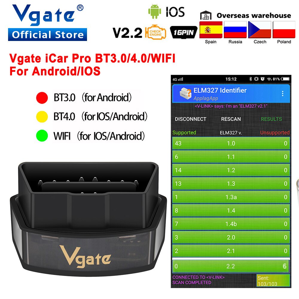 Original Vgate iCar Pro BT4.0-ไร้สายOBD 2 ELM327 V2.2 iCar2 OBD2 เครื่องสแกนเนอร์ ELM 327 odb2 เครื่