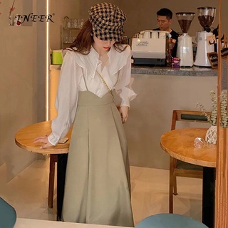 Womens spring korean Dress new two-piece set small fragrance style suit design fashion shirt high waist skirt A-line skirt slightly fat suit ready stock