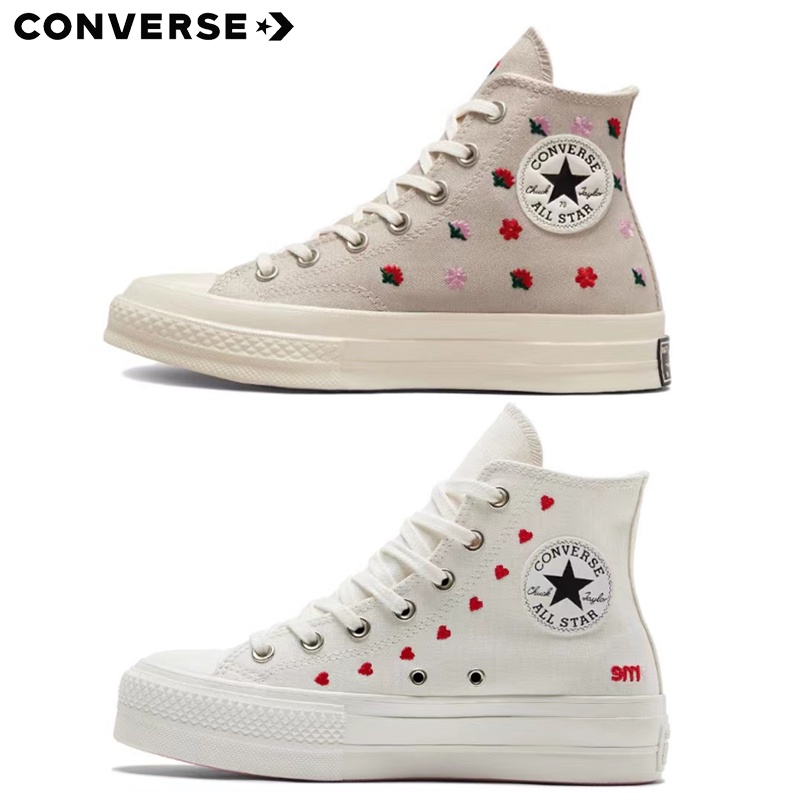Converse Chuck Taylor All Star ดอกไม้ปักรองเท้าผ้าใบคุณภาพสูงหัวใจปักรองเท้าคู่ A02201C A01599c