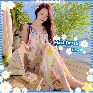 Flower Maxi Dress เดรสสายเดี่ยว ลายดอกไม้ โทนสีขาว ดอกไม้สีสันสดใส ใส่เที่ยวทะเลคือดีมากแม่  เดรสกระโปรง งานป้าย