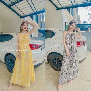 Mini daisy Maxi Dress+ผ้าผูกผม ผ้าไหมญี่ปุ่น พิมลาย