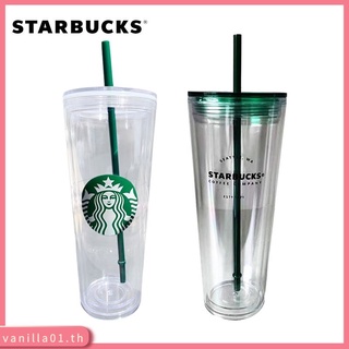 Starbucks Vanilla01.Th แก้วน้ําพลาสติกใส แบบสองชั้น มีหลอดดูด ใช้ซ้ําได้ สีดํา สีเขียว