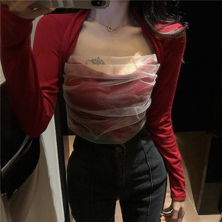 🔥Hot Sale สไตล์ฮ่องกงเสื้อ bottoming หญิงฤดูใบไม้ผลิเกาหลีป่าบางออกแบบความรู้สึกตารางคอตาข่ายเย็บแขนยาวเสื้อยืดเทรนด์ยอ