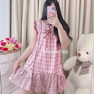 พร้อมส่ง มินิเดรสลายดอกไม้ แขนระบาย โทนสีชมพูตุน ทรงสวยเข้ารูป เดรสกระโปรง เดรสฟรุ้งฟริ้ง งานป้ายBeidi