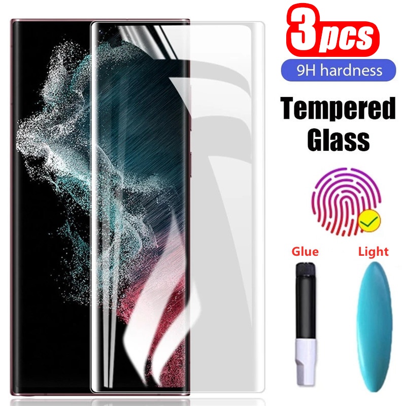 3 ชิ้น UV กระจกนิรภัยสําหรับ Samsung Galaxy S25 S24 S22 S23 Ultra Plus 5G หมายเหตุ 20 Ultra ป้องกันหน้าจอกาวเต็มกระจกป้องกัน