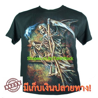 เสื้อลาย กะโหลก ยมทูต กริม รีปเปอร์ ผี เสื้อยืดสีดำ สกรีนหน้าหลัง ไซร์ยุโรป