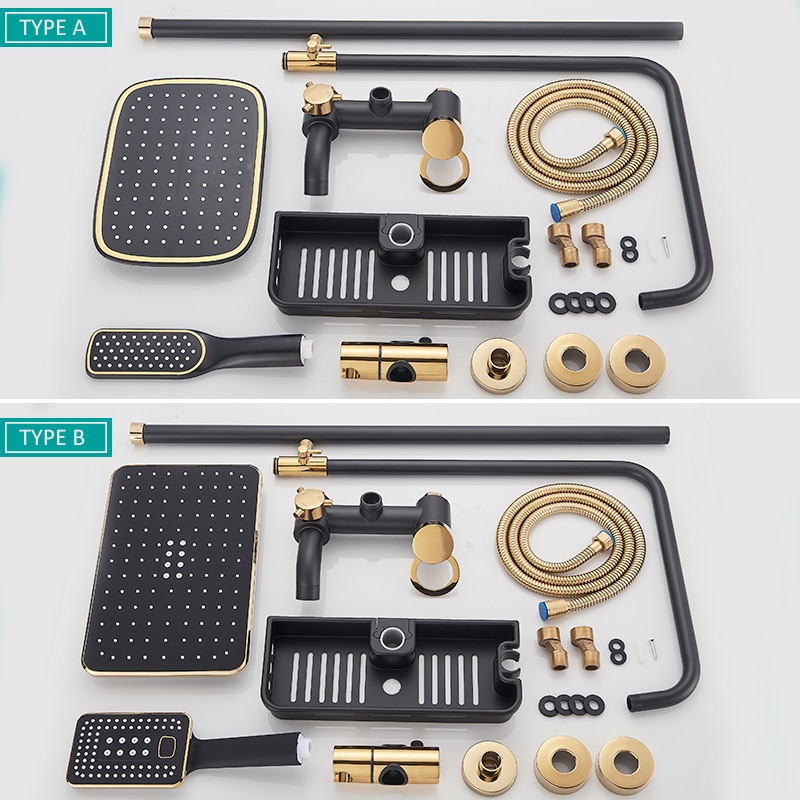 Quyanre Matte Black Gold Shower Faucet Set Bathroom Rainfall Shower