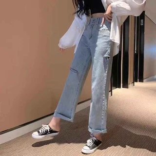 👖👖 MKL ⚡🚚 กางเกงยีนส์เอวสูง ขาบาน แต่งขาดสองข้าง 💖#8012