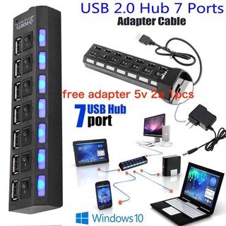 USB 2.0 7 Port Power On/Off Switch LED Hub for PC Laptop Notebook WH Free adapter 5v 2a 1pcs (สีดำ)