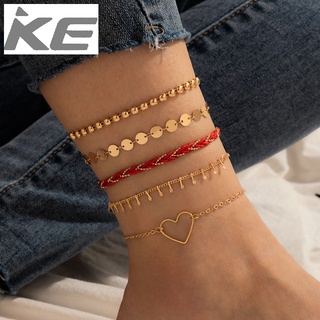 Heart Hollow Woven MultiAnklet Geometric Disc Chain Five Anklet for girls for women low price