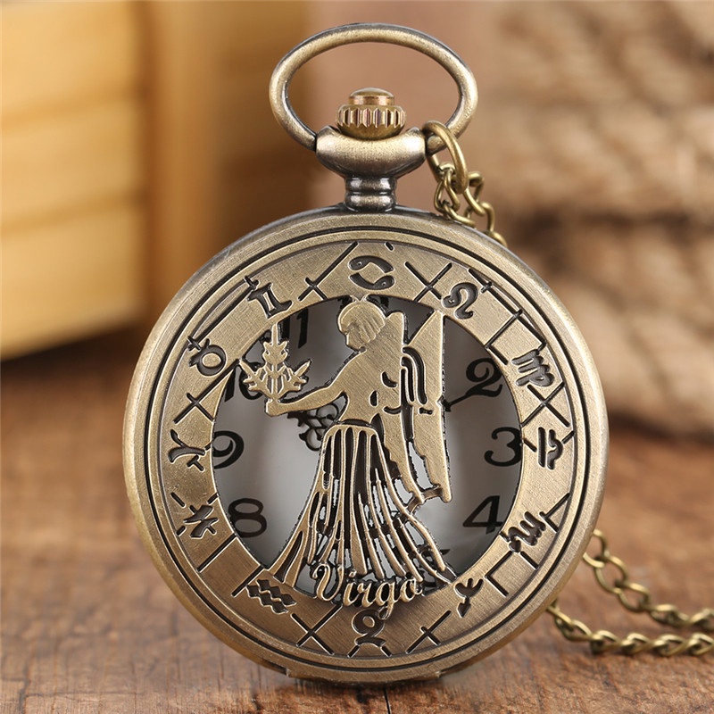 Vintage Zodiac Constellation Quartz Pocket Watch Chain Gift