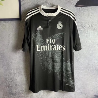 เสื้อกีฬาแขนสั้น ลายทีมฟุตบอล Real Madrid Second Guest Black Dragon 1415 ชุดเหย้า สไตล์เรโทร