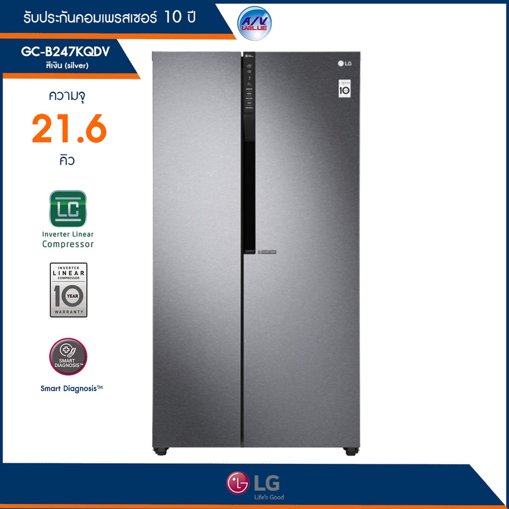 ตู้เย็น Side by Side LG รุ่น GC-B247KQDV ความจุ 612.1 ลิตร / 21.6 คิว สีเงิน ระบบ Inverter Linear Compressor