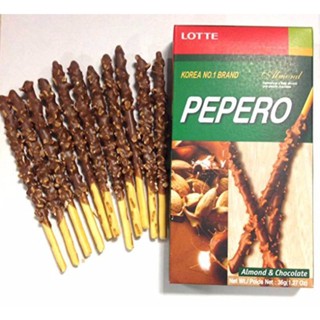 LOTTE PEPERO Almond &amp;amp; Chocolate ล๊อตเต้ เปเปโร่ ช๊อกโกแลตผสมแอลมอล กล่องใหญ่ ขนาด 256 กรัม(1 กล่องมี 8 ห่อ)