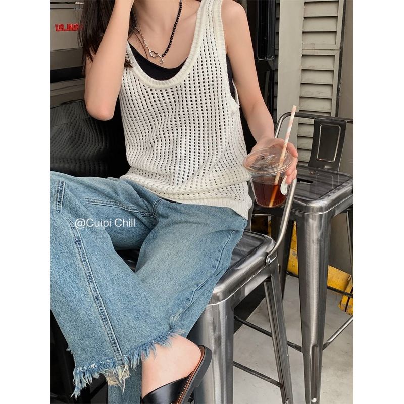 [LININ] เสื้อยืดแขนกุด คอยู ผ้าถัก ฉลุลาย สําหรับผู้หญิง