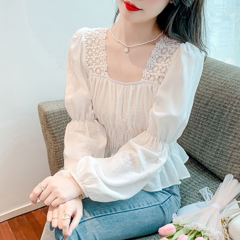 เสื้อเชิ้ตแขนยาว คอสี่เหลี่ยม แต่งจับจีบ เอวแคบ สไตล์ฝรั่งเศส แฟชั่นฤดูใบไม้ร่วง สําหรับผู้หญิง 2024