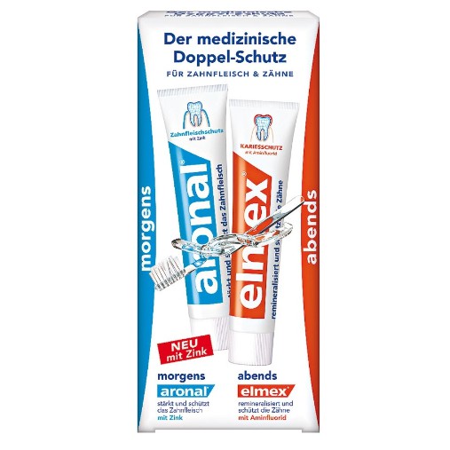 Elmex Aronal Toothpaste for Adult ยาสีฟันคู่ใช้เช้าเย็น (Day Night Duo) ขายดีในเยอรมัน ขนาด 2 x 75ml