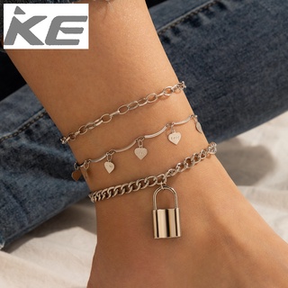 Punk Vintage Alloy Silver Chain Lock Shape Love Peach Heart Pendant Anklet 3-Piece Set for gir