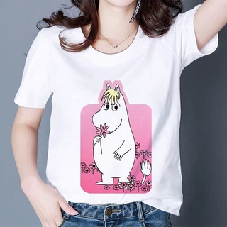 เสื้อยืดวินเทจ - การ์ตูนMoominsพิมพ์Tshirtผู้หญิงฤดูร้อนFemmeแฟชั่นสไตล์เกาหลีTshirtตลกเสื้อยืดฮิปส