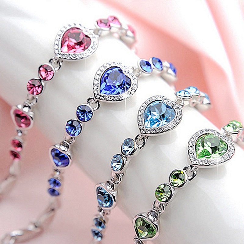 แฟชั่น Ocean Blue Heart สร้อยข้อมือโรแมนติกประณีตคริสตัลสีสันสดใสกําไลข้อมือสร้อยข้อมือ Rhinestone สําหรับงานแต่งงาน