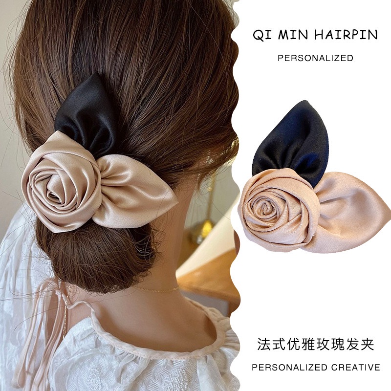 Satin rose spring clip กิ๊บกุหลาบสีเบจผ้าซาติน ขนาด 11.5cm. งานคุณภาพ วัสดุอย่างดี กิ๊บหนีบผม โบว์ติดผม