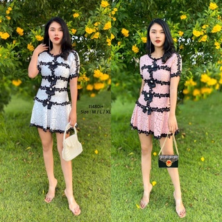 11480 Dress  เดรสลูกไม้แต่งเส้นดำ #Borichta