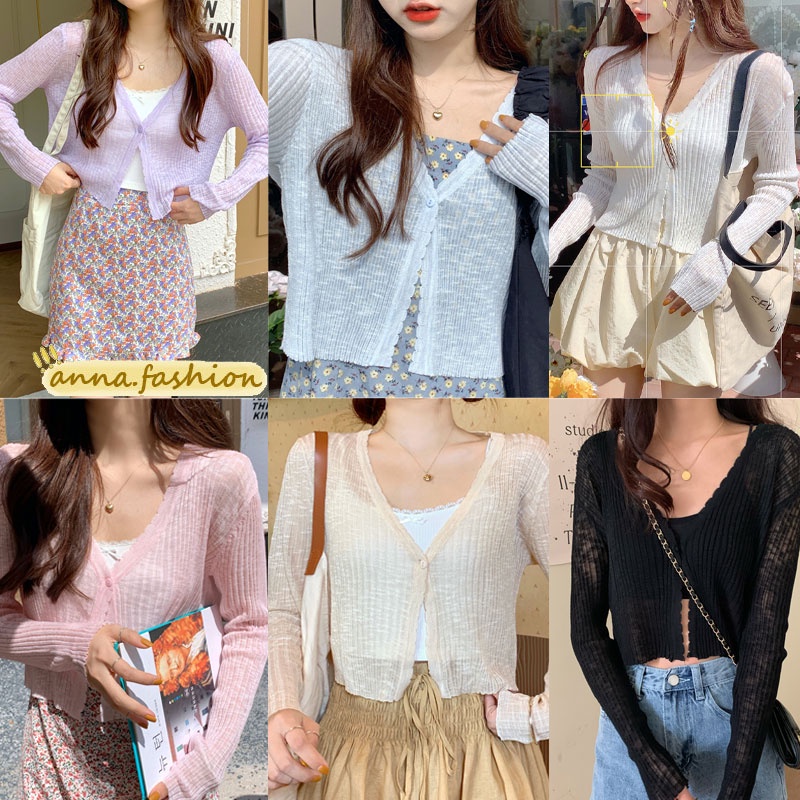 anna 70068 เสื้อไหมพรมกันแดดไหมถักไหมพรม เสื้อเชิ้ตคอวีบาง เสื้อคาร์ดิแกนแขนยาวสีลูกกวาด 8สี