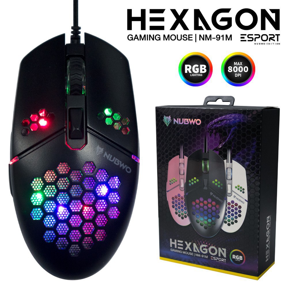 ✓﹊NUBWO NM-91M Gaming Mouse เม้าส์เกมมิ่ง รุ่น HEXAGON มี3สี Black/White/Pink