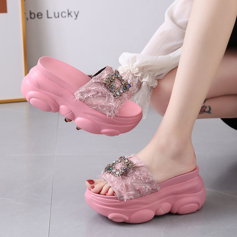 รองเท้าแตะผู้หญิงขนยาวพื้นหนา แฟชั่นเกาหลี Rhinestones
