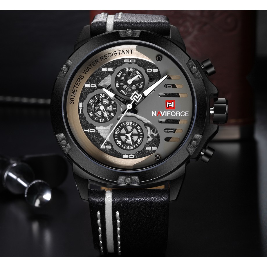 รับประกัน 1 ปี สินค้าพร้อมกล่อง กันน้ำได้ นาฬิกา naviforce แท้ รุ่นNF9110-BWBสายหนัง ของแท้100%