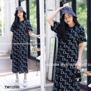 ❤️ TW12590 Maxi Dress เดรสยาว คอกลมแขนสั้น ชุดทรงตรง มาพร้อมหมวก เนื้อผ้าคอตตอน ผ้าพิมพ์ลายแบรนด์ ใส่สบาย