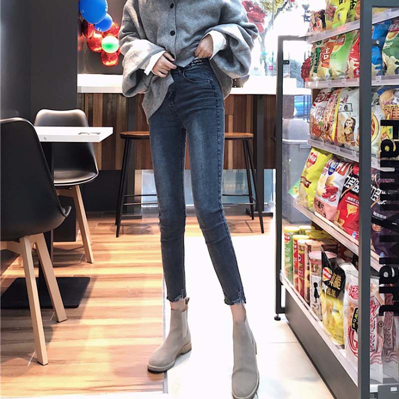 กางเกงยีนส์ขายาวเอวสูงสไตล์เกาหลีสำหรับผู้หญิง
